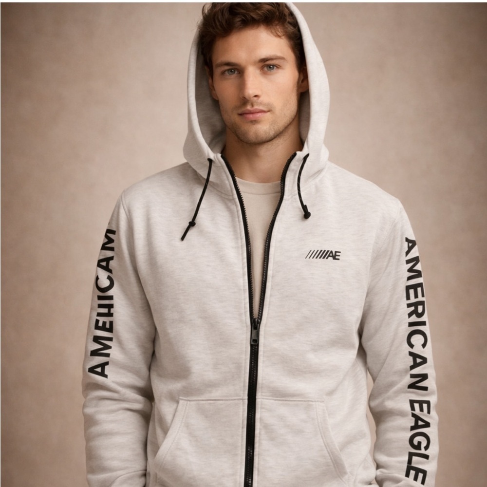 American Eagle AE Full Zip Hoodie Gray Logo Graphic – Size Medium – Athleisure